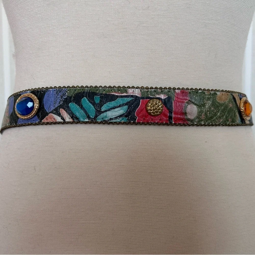Elite Fresno California Belt Vintage Multicolor Gemstone Gold Beaded Edge Large